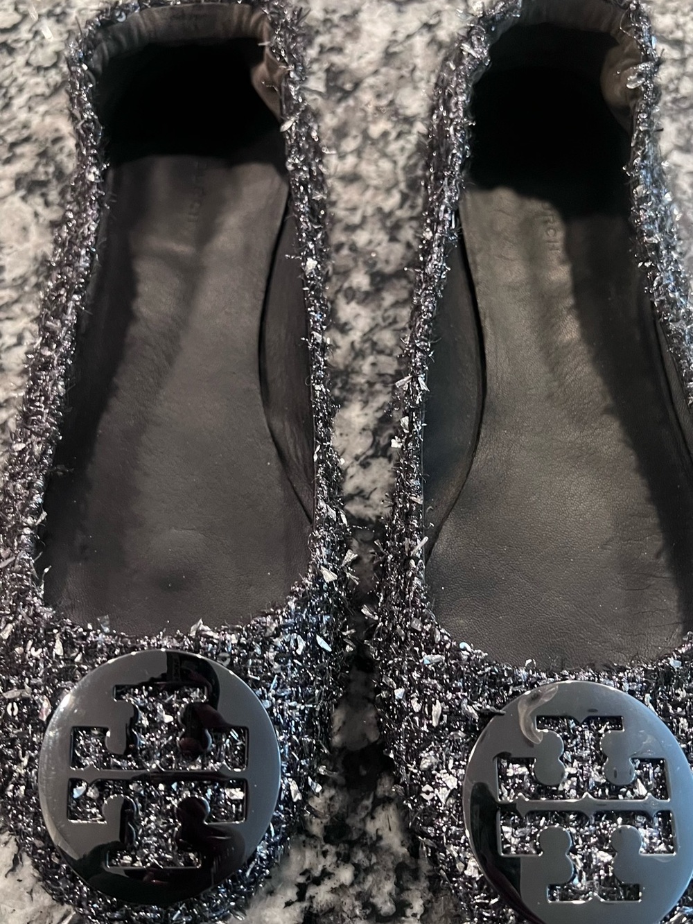 Tory Burch Black-and-Silver Tweed Ballet Flats with Logo Emblem